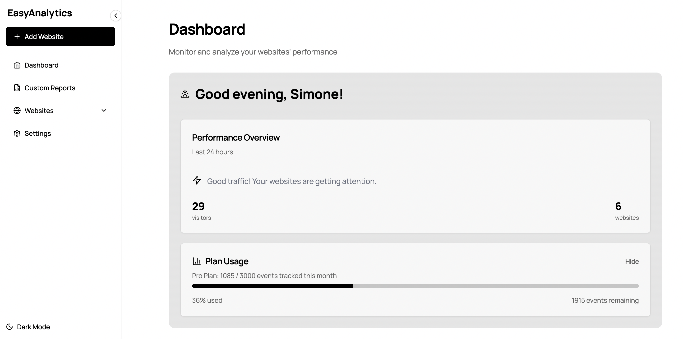 Pure Analytics dashboard showing real-time visitors, traffic sources and revenue